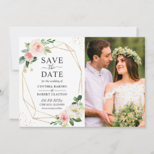 Save The Date Rose Pâle Floral Bleu Clair Or Géométrique Photo