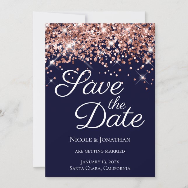 Save The Date Rose Parties scintillant d'or Marine Élégante call (Devant)