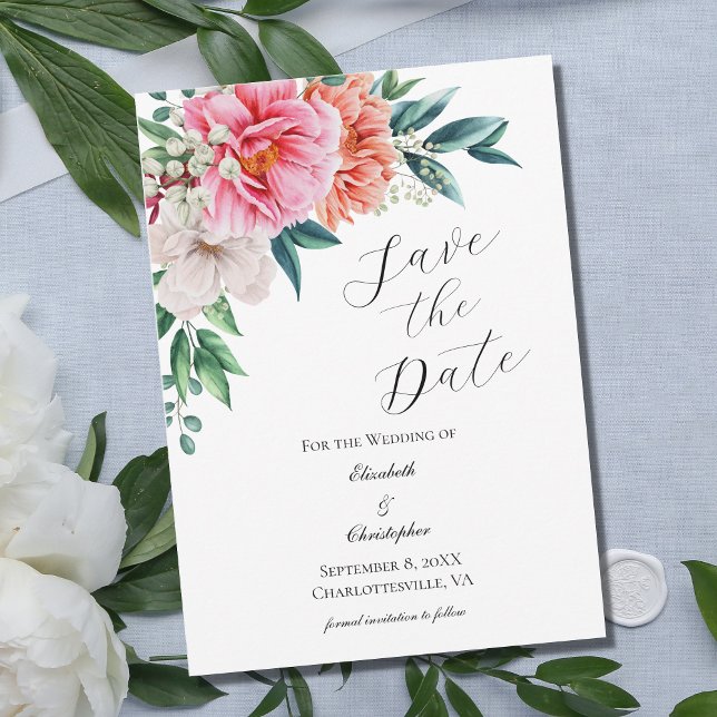 Save The Date Rose Peach Blanc Floral Peony Elégant Mariage (Créateur téléchargé)