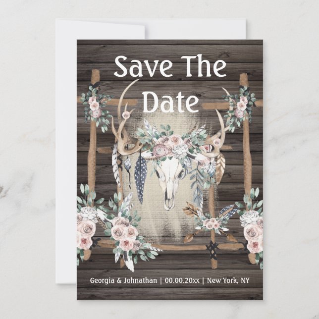 Save The Date Rose poudré vert bohème bois andouiller tribal plu (Devant)