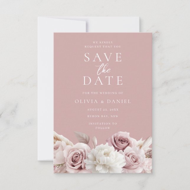 Save The Date Rose Poussiéreuse & Roses Blush Mariage Elégant (Devant)