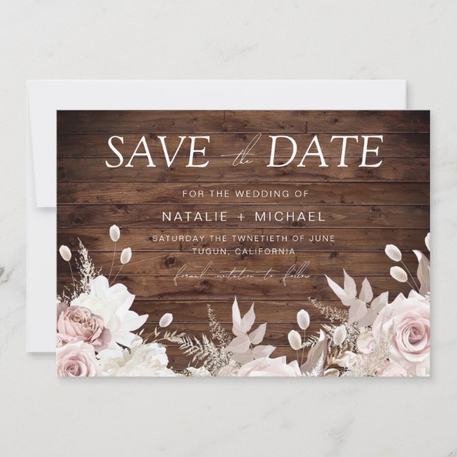 Save The Date Rose poussiéreux et Mariage flou rustique Boho (Devant)