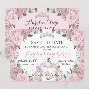 Save The Date Rose Poussiéreux Floral Cinderella Quinceañera Dou