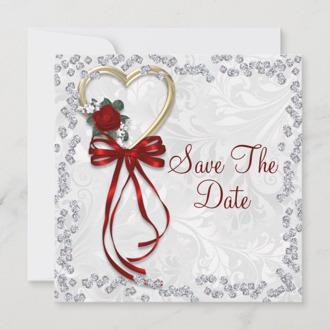 Save The Date Rose romantique, Diamants et Ruban Rouge Mariage (Devant)