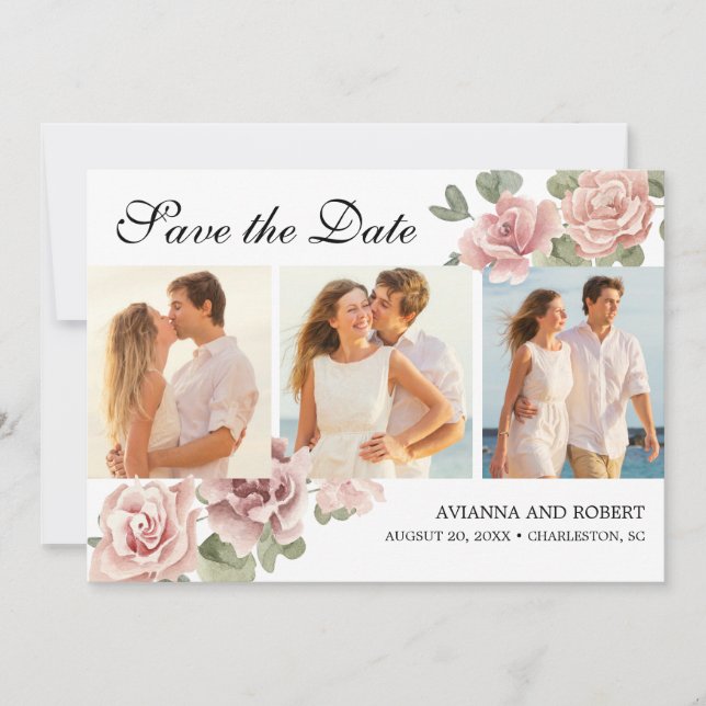 Save The Date Rose rose Dusty Floral 3 Photo Mariage moderne (Devant)