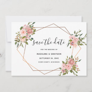 Save The Date Rose Rose Floral Gold Frame Mariage géométrique