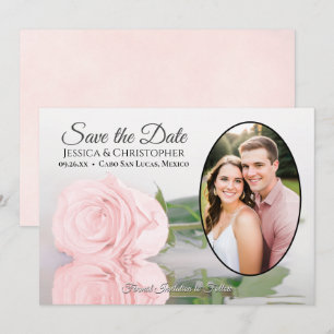 Save The Date Rose Rose Pâle avec Photo Ovale Mariage Romantique