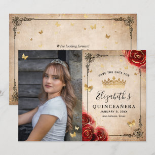 Save The Date Rose rouge élégante Photo Quinceanera noir et or