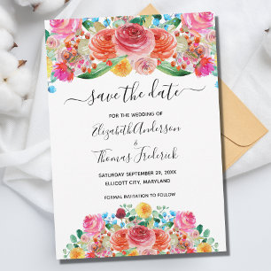 Save The Date Rose Rouge Jaune Floral Élégant Mariage Aquarelle