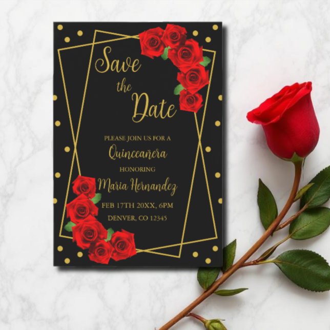 Save The Date Rose rouge Noir et or Quinceañera (Créateur téléchargé)