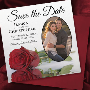 Save The Date Rose rouge romantique sur blanc avec Mariage photo