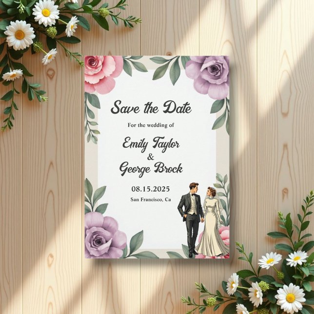 Save The Date Rose violet Roses Couple Aquarelle Mariage Floral (Créateur téléchargé)