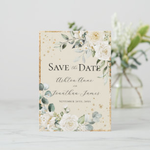 Save The Date Roses blanches Crème doré Élégant Mariage moderne