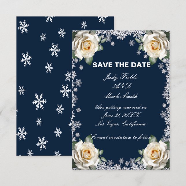 Save The Date Roses Blanches Flocon de neige Noël Enregistrer la (Devant / Derrière)