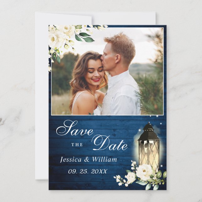 Save The Date Roses blanches Lanterne en bois bleu Mariage photo (Devant)