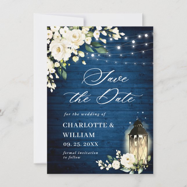 Save The Date Roses blanches Mariage de lanterne en bois bleu (Devant)