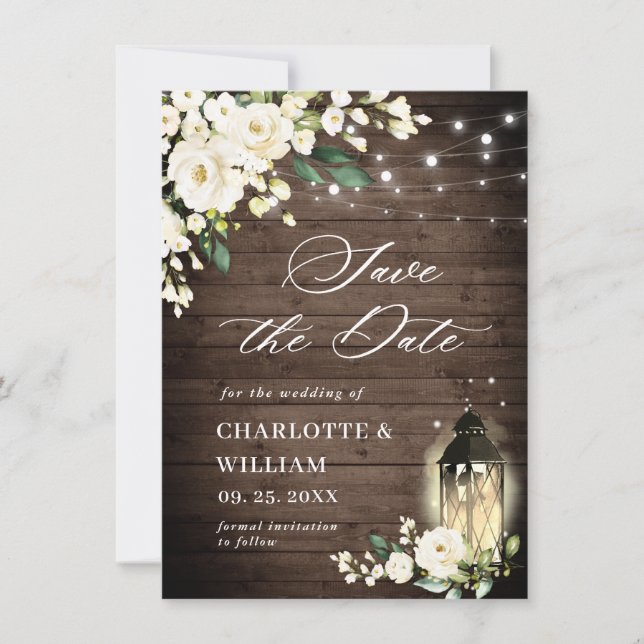 Save The Date Roses blanches Mariage de lanterne en bois rustiqu (Devant)