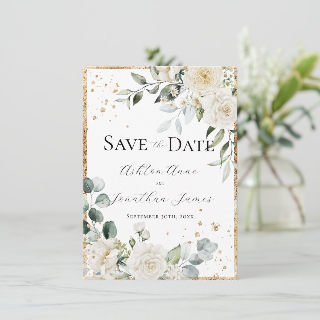 Save The Date Roses blanches Or Elégant Mariage Moderne (Debout devant)