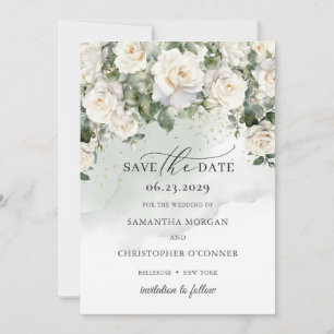 Save The Date Roses blanches romantiques et feuillage verdoyant