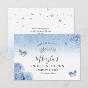 Save The Date Roses Bleu Bébé Lumière Argentée Élégantes