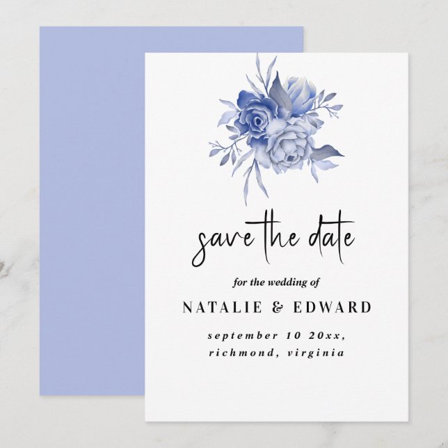 Save The Date roses bleues poussiéreuses rustiques et autres fle (Devant / Derrière)