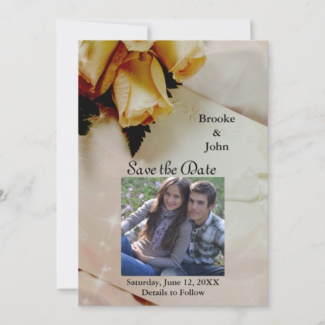 Save The Date Roses Jaunes sur l'élégante photo ivoire (Devant)
