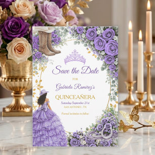 Save The Date Roses Lavande Occidentales Quinceañera de Campagne