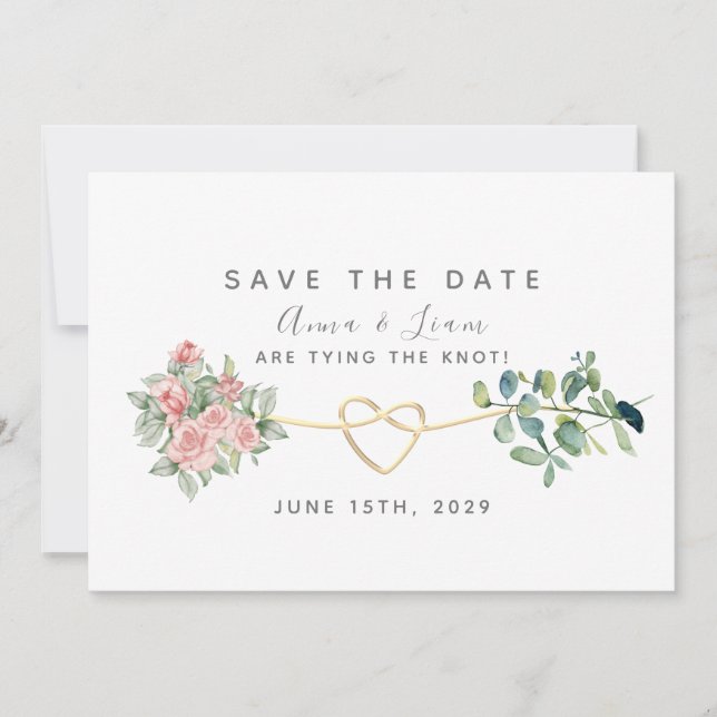 Save The Date Roses rose pâle et Mariage vert (Devant)