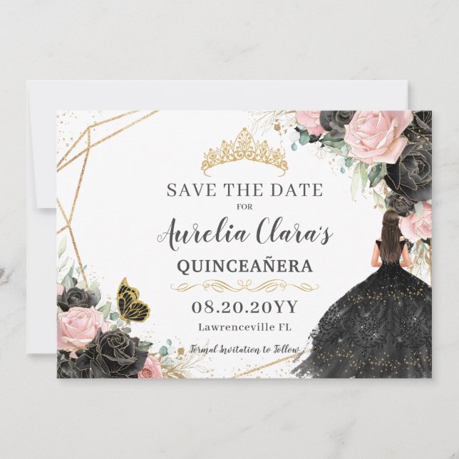 Save The Date Roses roses noires Florales Quinceanera Sweet sixt (Devant)