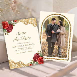 Save The Date Roses Rouges Dentelle Dorée Crème Photo Mariage