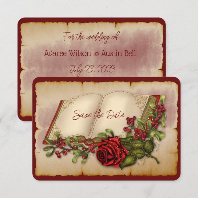 Save The Date Roses rouges étincelants sur les pages de la Bible (Devant / Derrière)