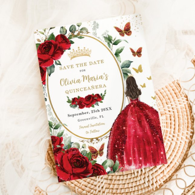 Save The Date Roses rouges Floral Princesse robe or Quinceañera (Créateur téléchargé)