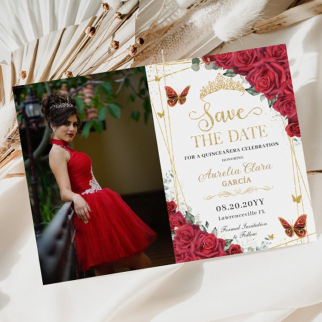 Save The Date Roses rouges Sweet sixteen de papillons d'or (Créateur téléchargé)