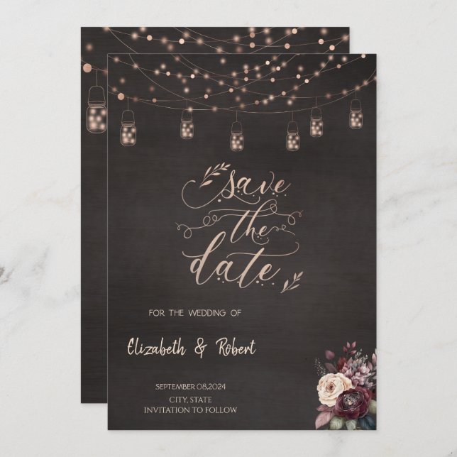 Save The Date Roses Rustic String Lights Enregistrer La Date (Devant / Derrière)