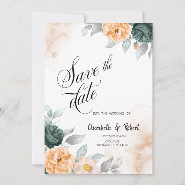 Save The Date Roses Vert Aquarelle Enregistrer La Date (Devant)