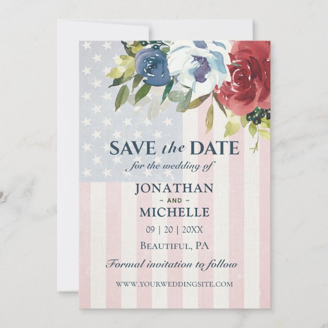 Save The Date Rouge Blanc Bleu Floral USA Drapeau Aquarelle Mari (Devant)
