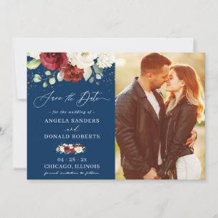 Save The Date Rouge Blanc Floral Marine Bleu Gold Confetti Maria