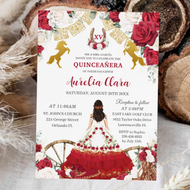 Save The Date Rouge blanc floral sauvage Ouest Charro Quinceañer (quinceanera-mis-quince-charro-western-boots-horses-red-roses-floral-birthday-party-invitation)