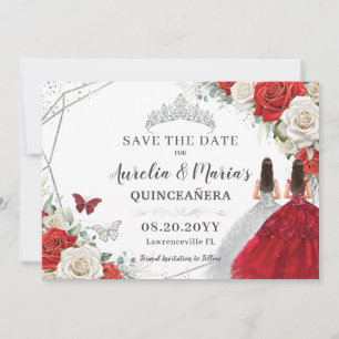 Save The Date Rouge Blanc Floral Twins Silver Quinceanera Sweet 