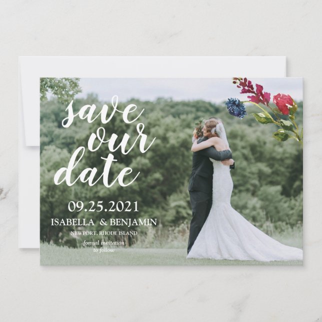 Save The Date Rouge bordeaux marine élégant floral photo (Devant)