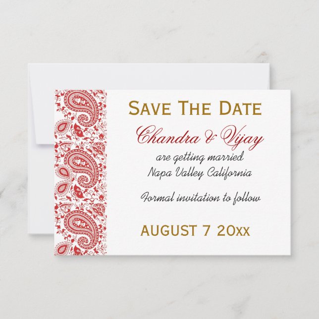 Save The Date Rouge et blanc paisley Épargnez la date mariage (Devant)