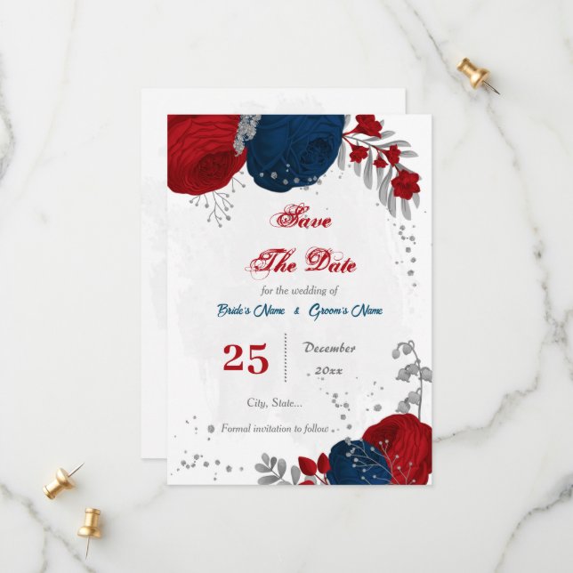 Save The Date rouge et bleu marine fleurs argent botanique (Devant/Arrière en situation)