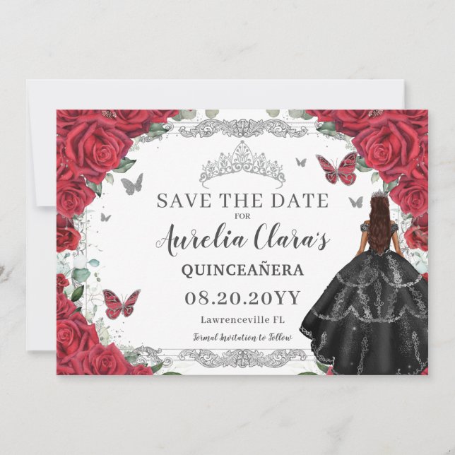 Save The Date Rouge Floral Noir Gown Quinceanera Sweet sixteen (Devant)