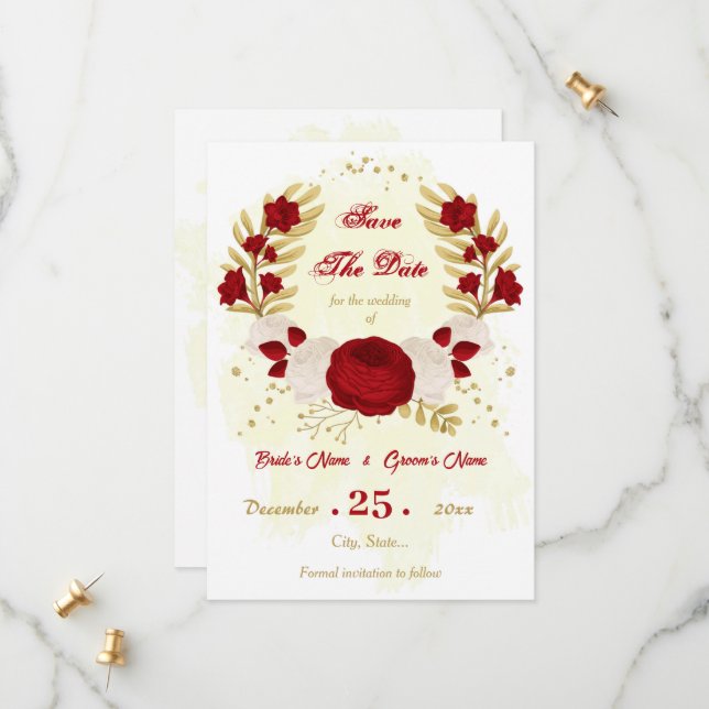Save The Date rouge foncé & fleurs blanches or botanique (Devant/Arrière en situation)