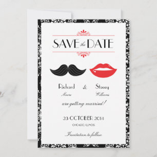 Save The Date Rouge, Noir & Moustache et Lèvres en Damassé pour 