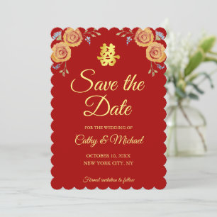 Save The Date Rouge orange floral chinois mariage double bonheur