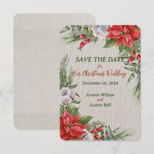 Save The Date Rouge Poinsettia Feuilles verts Mariage de Noël