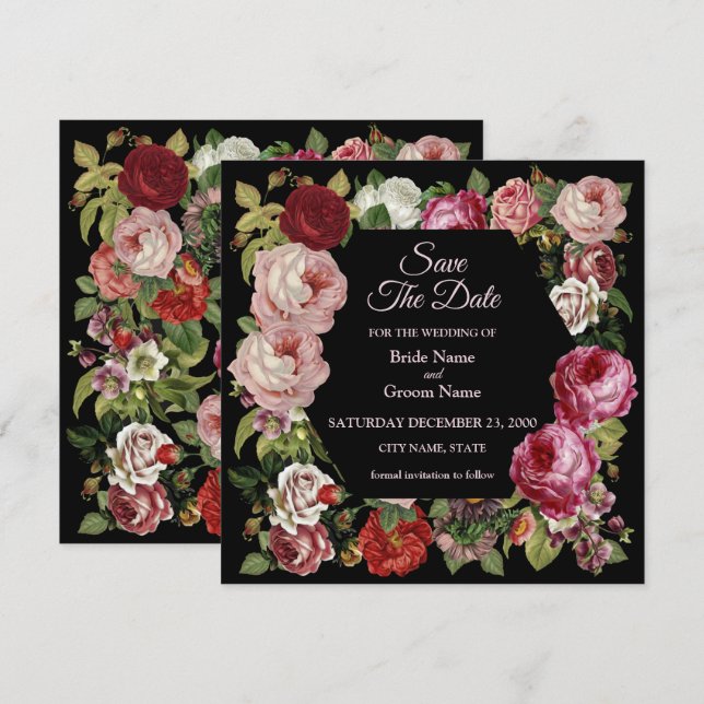 Save The Date Rouge rustique rose rose floral vert noir (Devant / Derrière)