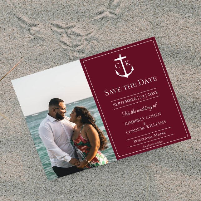 Save The Date Rouge Vin Nautilus Monogramme Photo Enregistrer la (Wine Red Nautical Monogram Photo Save the Date)