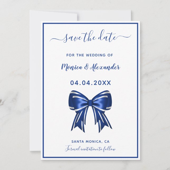 Save The Date Royal bleu blanc élégant mariage archet Enregistre (Devant)